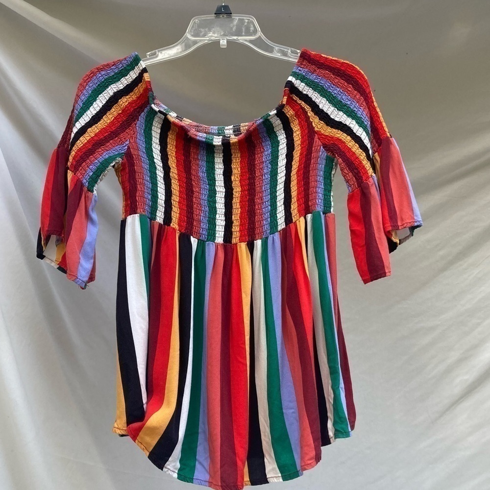 Pink Peony Rainbow Striped Off the Shoulder Smocked Shirt, Size 1XL